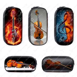 Music Notes Print Cosmetic Case Pencil Bag Guitar Violin Storage Stationary Bag Pencil Box Travel Organizer School Case Supplies