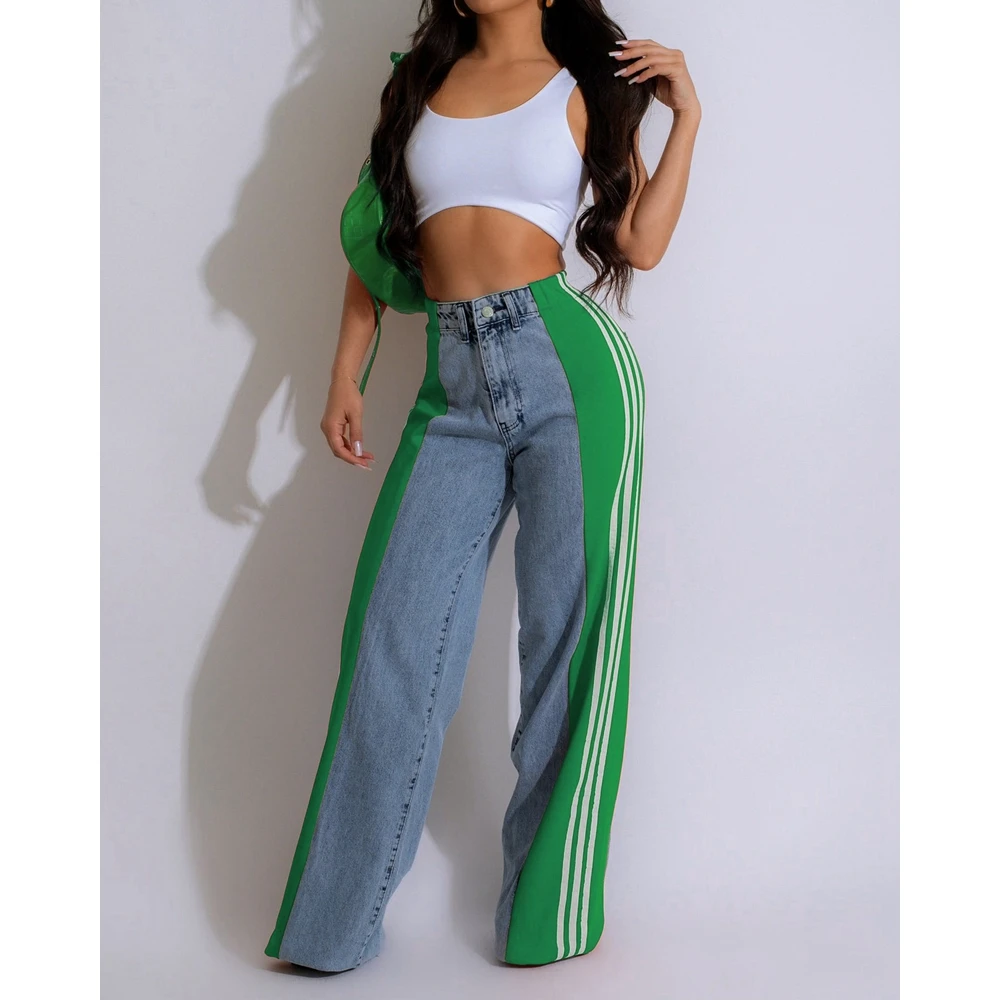 Women Side Striped Colorblock Wide Leg High Waist Jeans Female Casual Washed Denim Vintage Pants Summer Lady Long Trouses