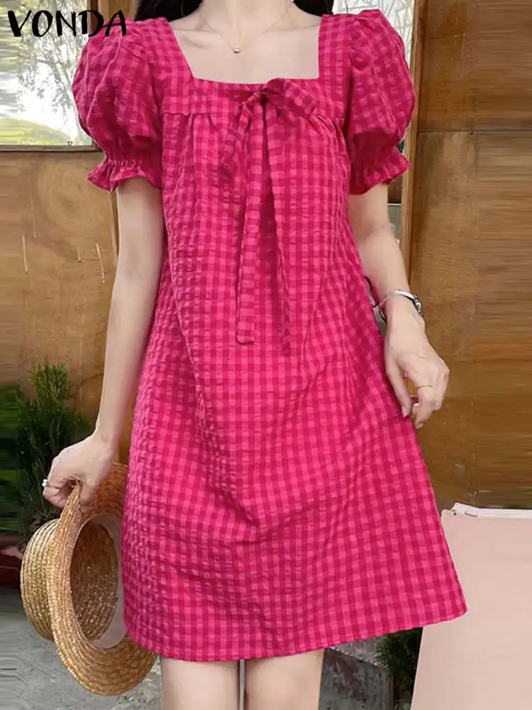 

VONDA Bohemian Women Mini Dress 2024 Summer Short Puff Sleeve Plaid Robe Fashion Sundress Square Collar Casual Loose Vestidos