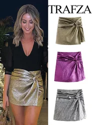 TRAFZA Summer Fashion Women Mini Skirts Side Zipper Fold Knot Decoration Female Elegant Slim Solid Short Skirts Street Mujer