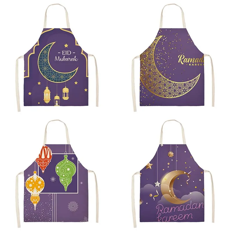 Purple Eid Printed Linen apron Home Cooking Baking bib Muslim Ramadan Karim Kitchen Apron Female Star Crescent Decoration