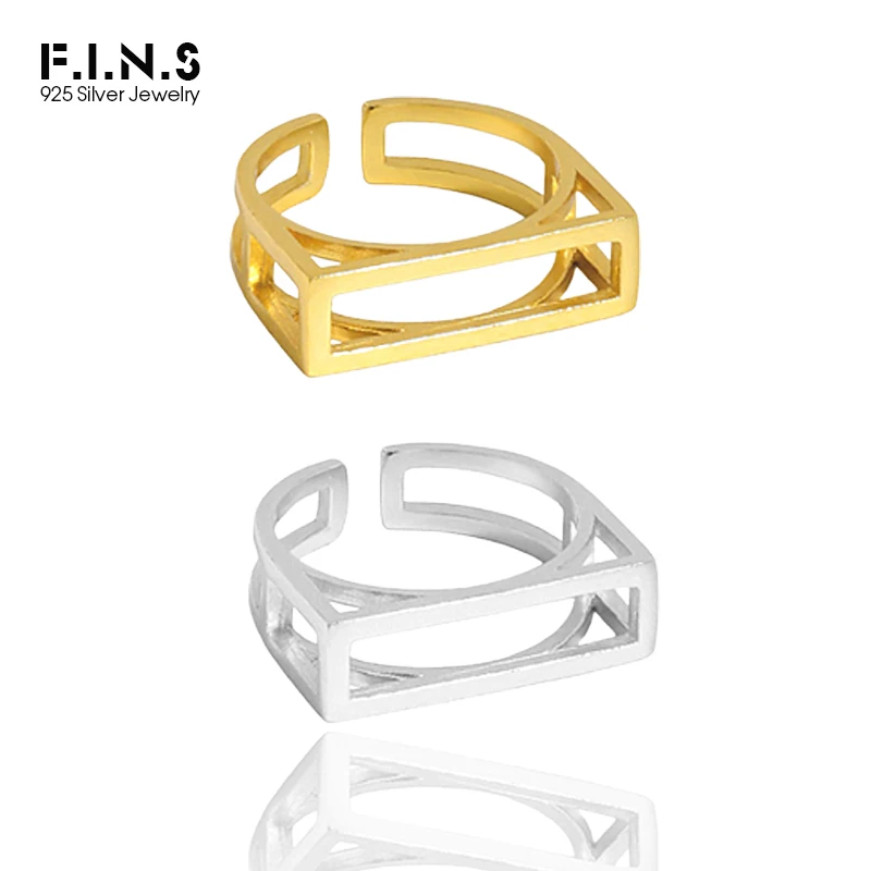 

F.I.N.S Minimalist Geometric Square S925 Sterling Silver Ring Hollowed Korean Fashion Open Finger Fine Jewelry for Decoration