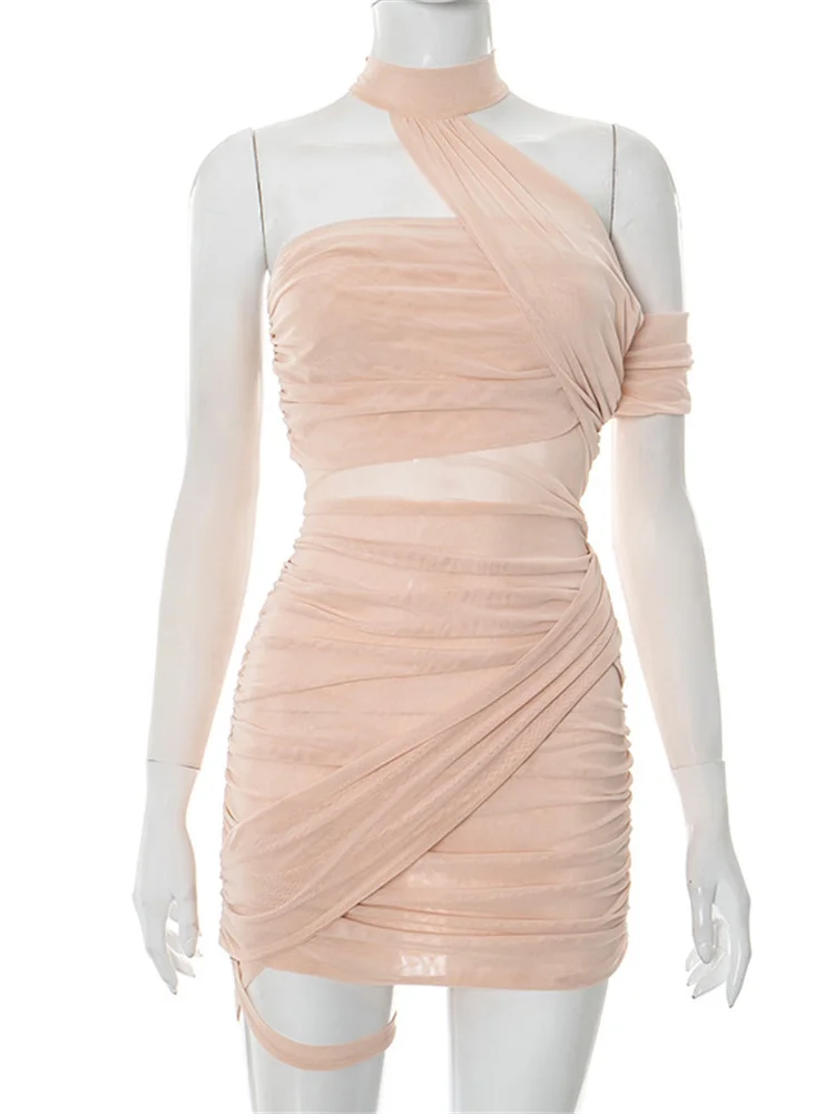 ร่วมกัน High Street ตาข่ายดูผ่าน Halter ชุด Acubi แฟชั่นไม่สม่ําเสมอจีบชุดเดรสผู้หญิง Holiday Mini Gown Slim