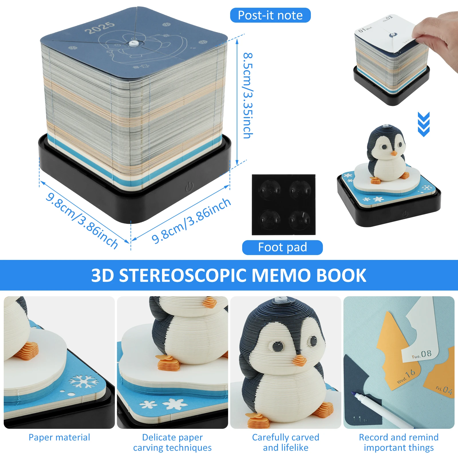 3D Desk Note Pad Stereo Penguin Memo Pad Tear-Away Calendar Non-stick Note Pad DIY Paper Carving Art for Home Office Desktop