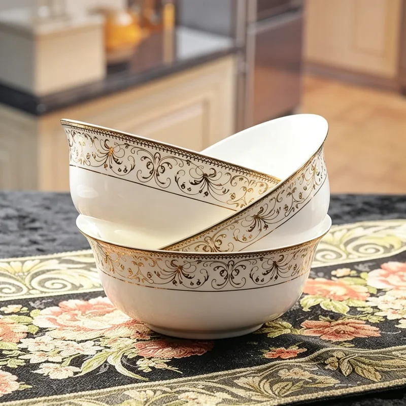 3pcs, 6 inch, gold butterfly banding, bone china serving bowls, porcelain japanese soup bowl for dinner serving, cooking tool