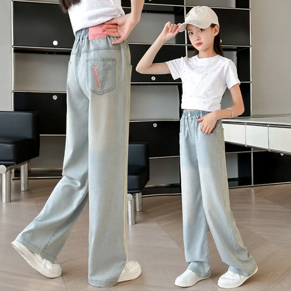 Teenager Girls Summer Thin Straight Jeans Butterfly Embroidery Back Pocket Loose Casual Long Trousers Fashion Kids 4-14Y