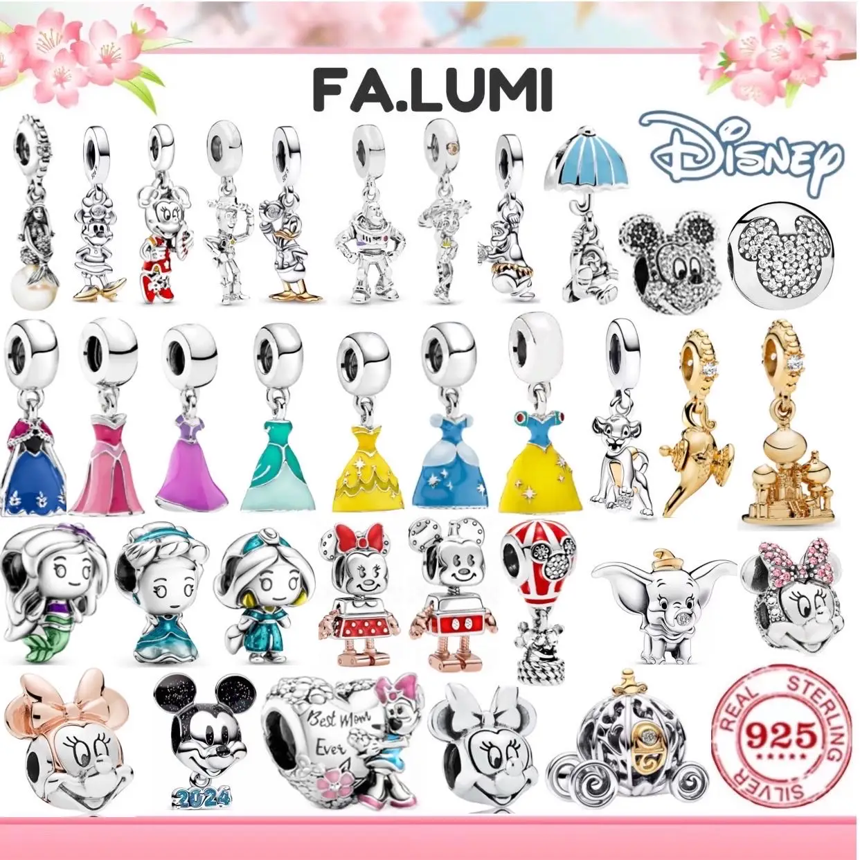 Colgante de Mickey, Minnie y Dumbo en plata de ley 925, artículo conmemorativo del 100 aniversario, pulsera original, regalo de joyería para mujer