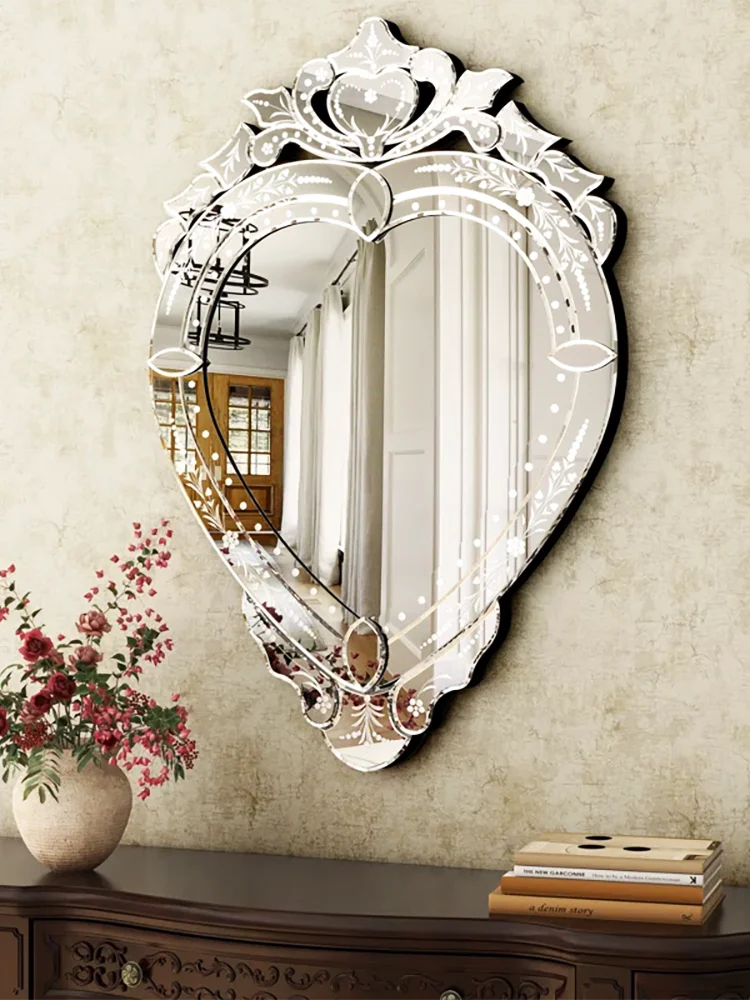 French retro engraved bathroom mirror, bathroom mirror, dining side wall-mounted decorative mirror, bedroom makeup mirror