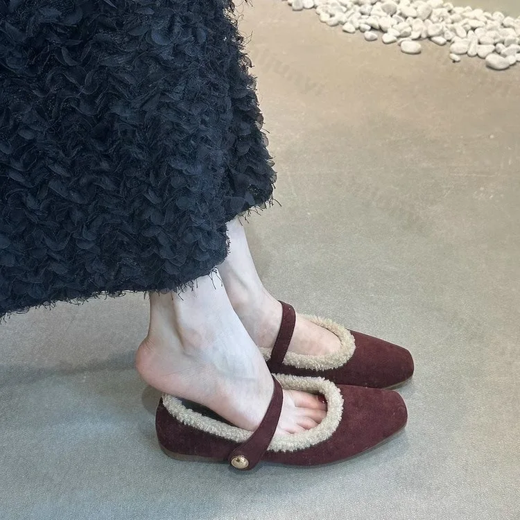 2025 New Style Elegant Buckle Strap Fur Mary Jane Shoes Woman Soft Lambs Wool Fluffy Ballet Flat Ladies Plush Shallow Loafers