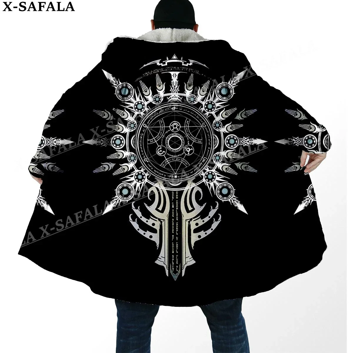 Viking Line Tattoo Symbol Totems Thick Warm Hooded Cloak Men Overcoat Coat Windproof Fleece Cape Robe Hooded Blanket-6