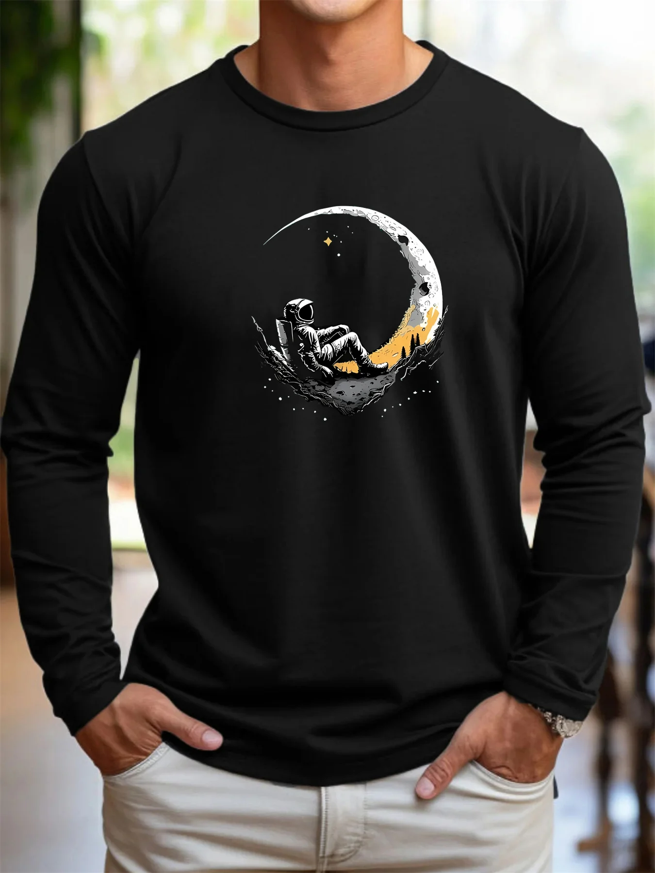 100% Pure Cotton Men's Long Sleeved Round Neck Loose Landing Moon Print Spring and Autumn Casual Versatile T-Shirt Top