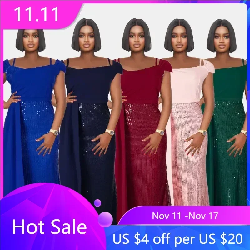 

African Wedding Party Dresses for Women Summer Sexy African Blue Green Pink Sequin Long Maxi Dress Dashiki African Clothing