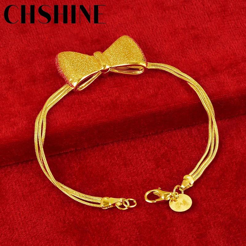 

CHSHINE 925 Sterling Silver Plated Gold Bow Three Snake Chain Bracelet For Women Wedding Engagement Party Fashion Charm Jewelry