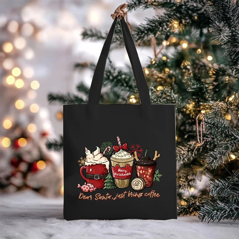 Christmas Tree Tis The Season Women\'s Handbags Xmas Gift Milk Tea Santa\'s Hat Printed Fashion Shopping Bag Portable Shoulder Bag