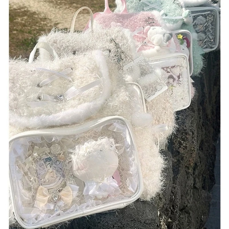 Pastel Color Lta Bag Original Japanese Winter Plush Large Capacity Small Food Ribbon Mini Baby Bag Animation Backpack for Women