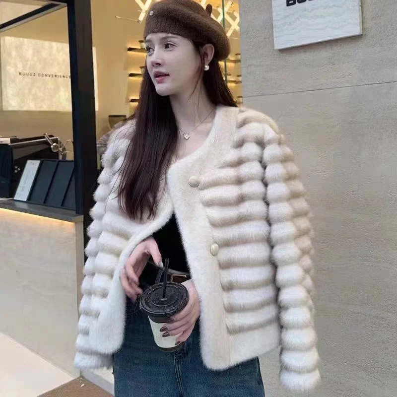 Modny damski gruby ciepły płaszcz ze sztucznego futra, krótki, z okrągłym dekoltem, długi rękaw, odzież wierzchnia damska, eleganckie topy, damskie płaszcze zimowe.