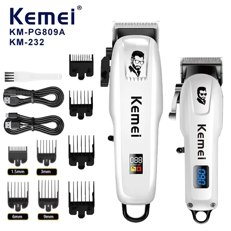 Kit de Cortador de Cabelo Profissional Kemei KM-PG809A KM-232, Máquina de Cortar Cabelo Elétrica com LCD para Homens