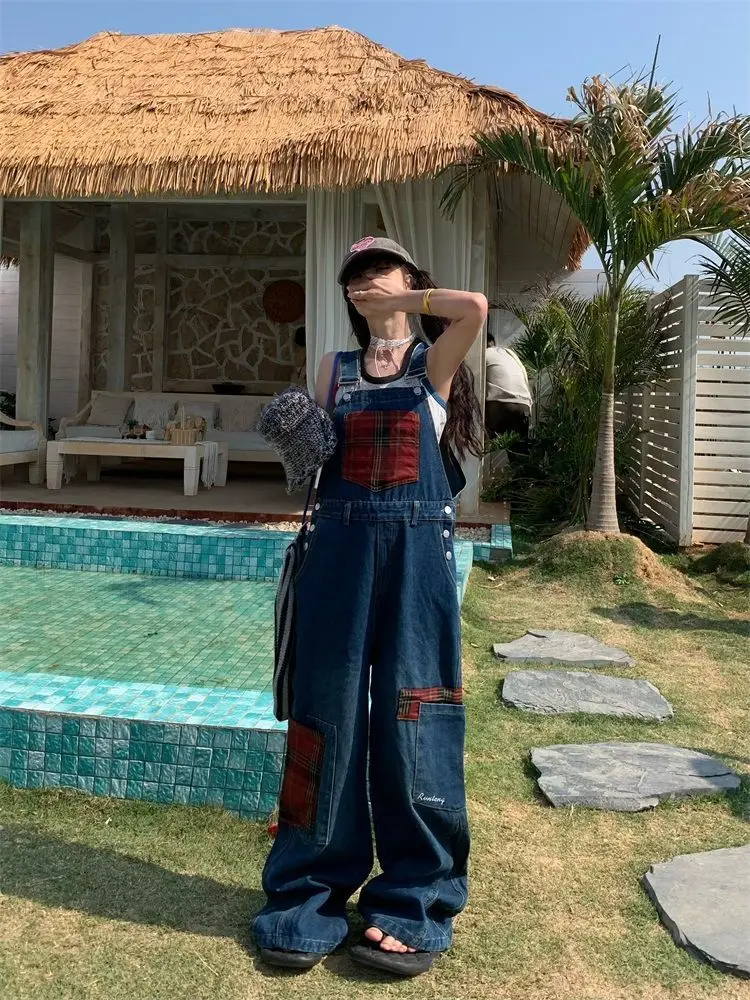 American Retro Spliced ​​Plaid Strap Jeans Design Sense Women'S Spring Summer New Loose Casual Niche Slim Niche Wide-Leg Pants