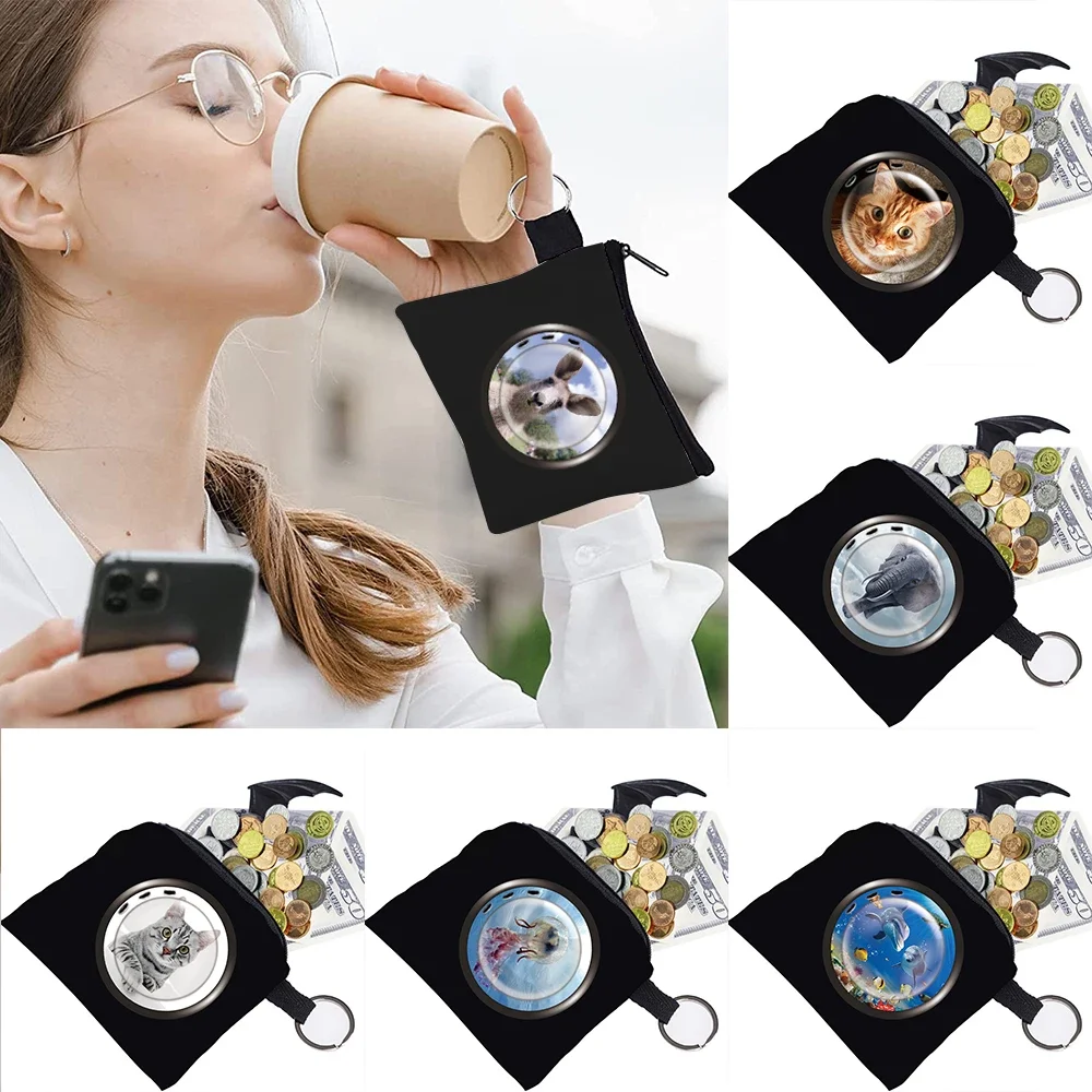 Women's Bag Coin Purse Window Pattern Print Collection Key Storage Bag Small Object Ring Buckle Zipper Black Canvas Mini