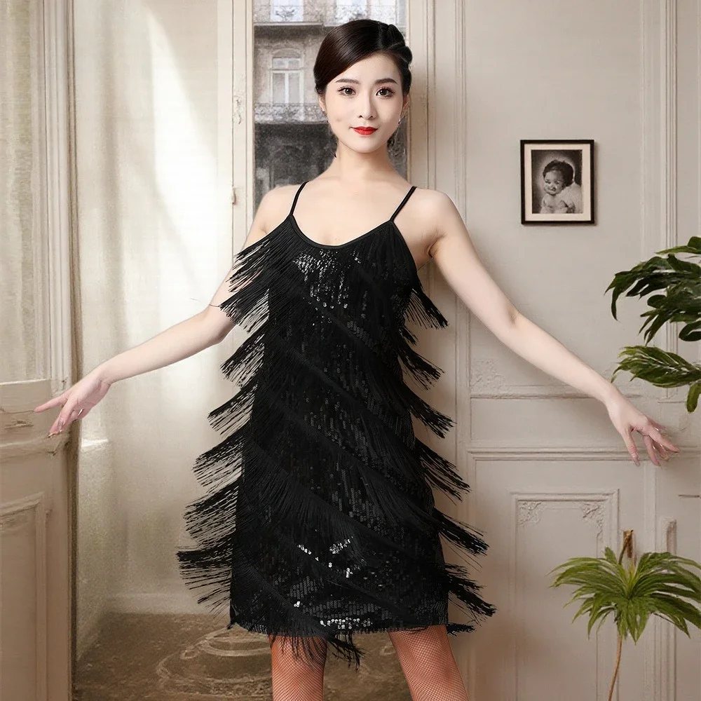 

Платье для латинских танцев с бахромой с блестками и v-образным вырезом, юбка для выступлений, костюм для сценического соревнования