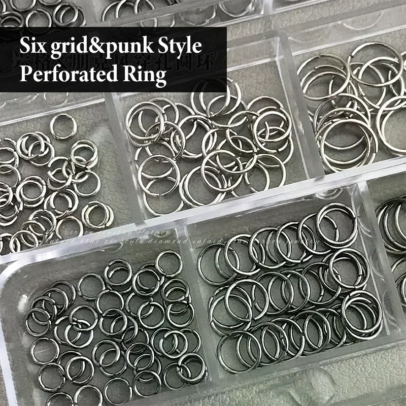 6 Grids Mix Punk Piercing Perforable Round Circle Ring White K Gun Black Alloy Nail Rhinestones Decorations Manicure Charms
