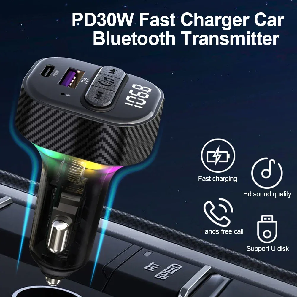 Car PD 30W Quick Charger Handsfree Bluetooth Transmitter With Spring Wire Atmosphere Light FM Transmitters USB Flash Disk Player