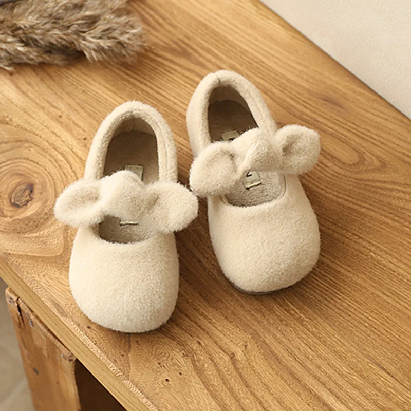 Warm Short Plush Ballet Flat Shoes Kid Girl Winter Bowknot Design Fleece Felt Mary Jane Shoes Baby Child Soft Wool Dress Zapatos