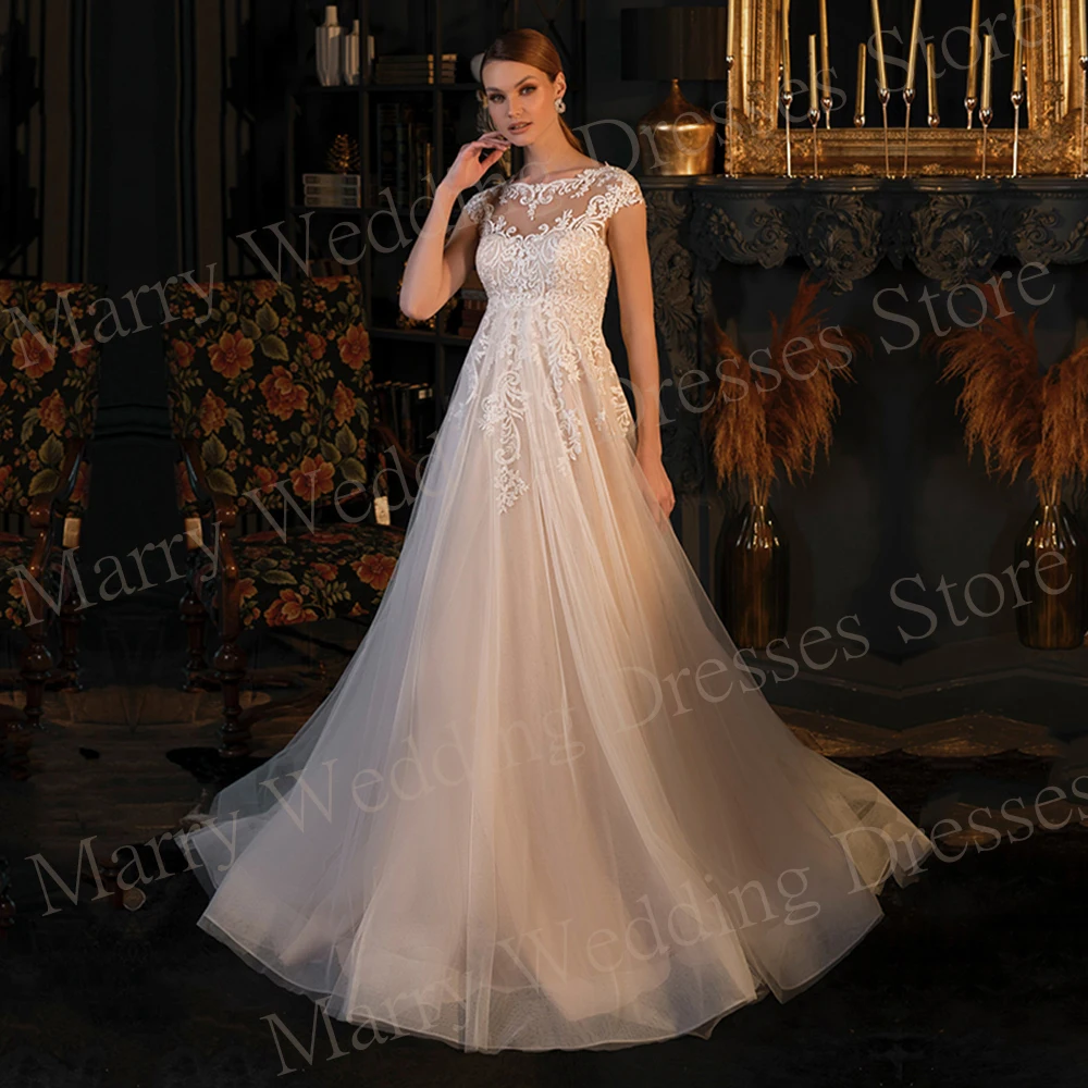 

Graceful Generous A Line Women's Wedding Dresses Vintage Lace Appliques Bride Gowns Cap Sleeve Button Illusion Robe De Mariée