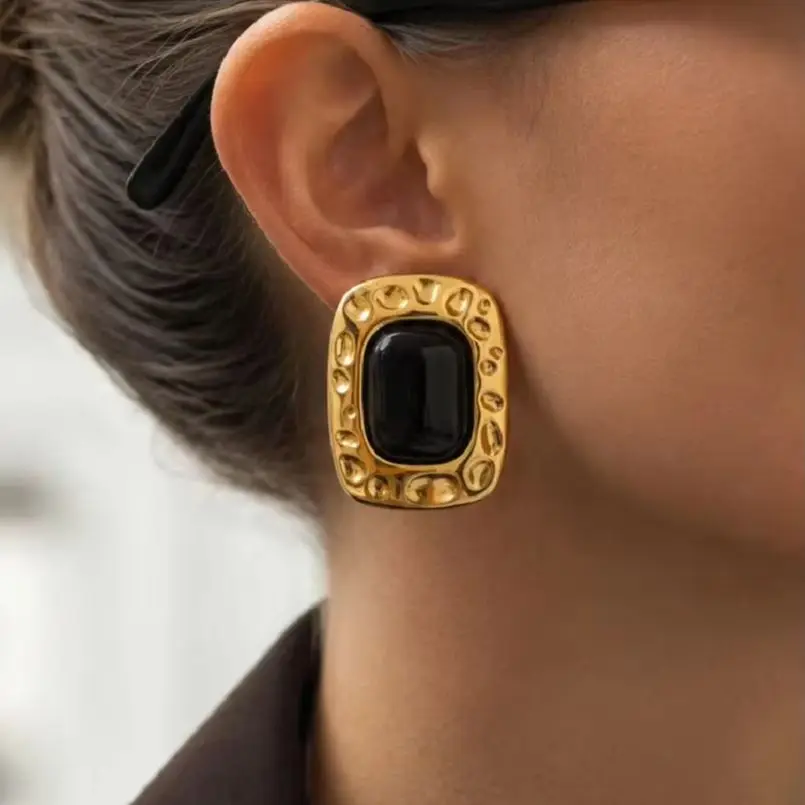 PuRui 18K Gold Plated Stainless Steel Square Stud Earrings for Women Simple Inlaid Black/Green/Red Resin Acrylic Ear Studs