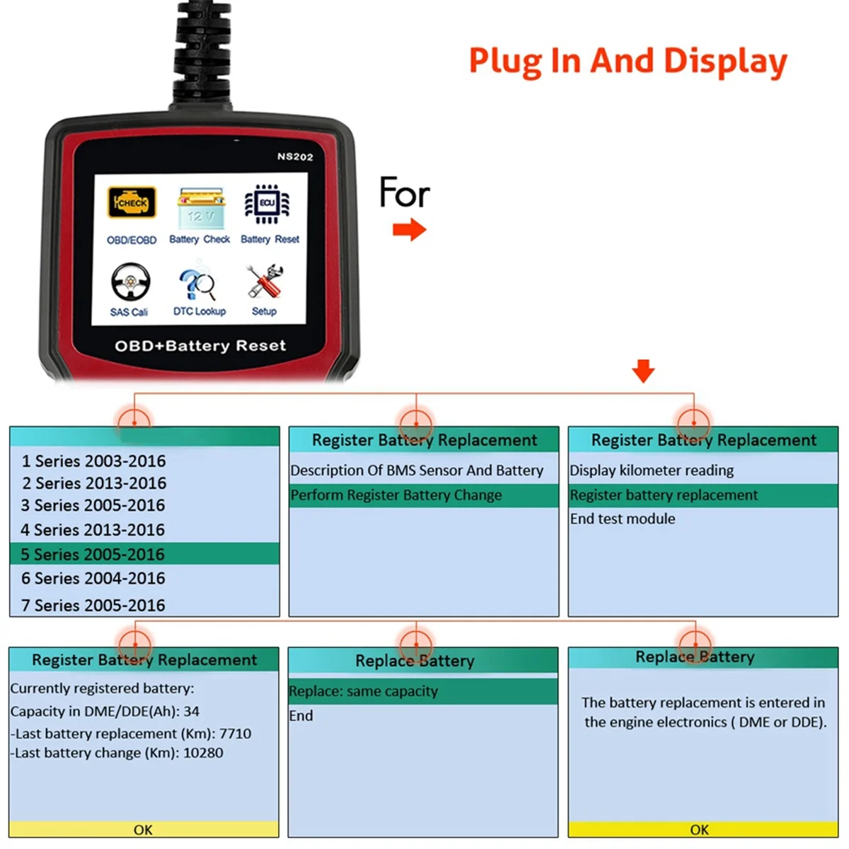 Инструмент регистрации батареи ABYC NS202 + диагностика OBD/EOBD поддерживает 10 тестовых режимов OBD/EOBD для AUDI, BMW, MINI, BENZ, PORSCHE