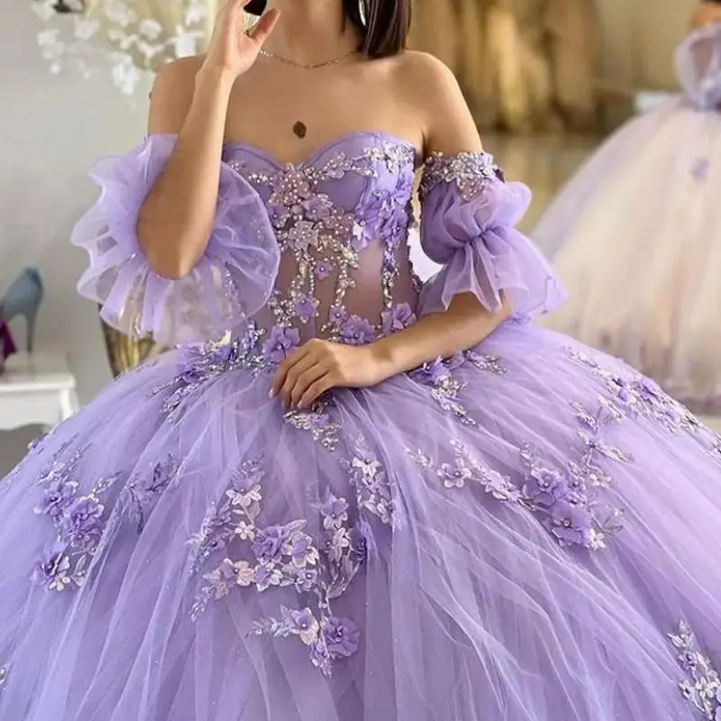 

Saudi Mexico Lilac Quinceanera Dresses Ball Gown For Sweet 16 Girls 3D Flowers Vestidos De XV Años Beads Birthday Party Dress