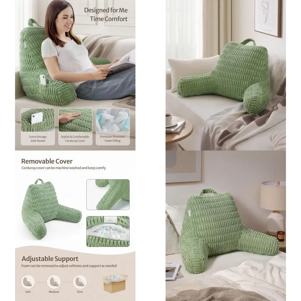 

Подушка для спинки из пены с эффектом памяти, подлокотниками, карманами и моющимся чехлом, идеально подходит для кровати и дивана, Sage Green