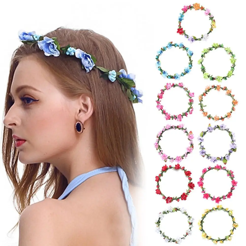 Girls Floral Wreath Fashion Bohemia Garland Flower Crown Women Headbands with Adjustable Ribbon Bridal Halo Headpiece