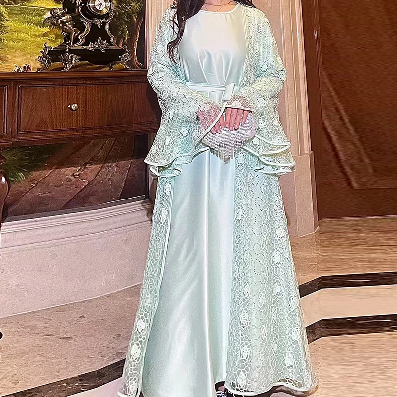 

Женский модный комплект из двух предметов: пальто-накидка с расклешенными рукавами и длинное платье с круглым вырезом, однотонный, с кружевом, свободного кроя, для вечеринок и повседневной носки