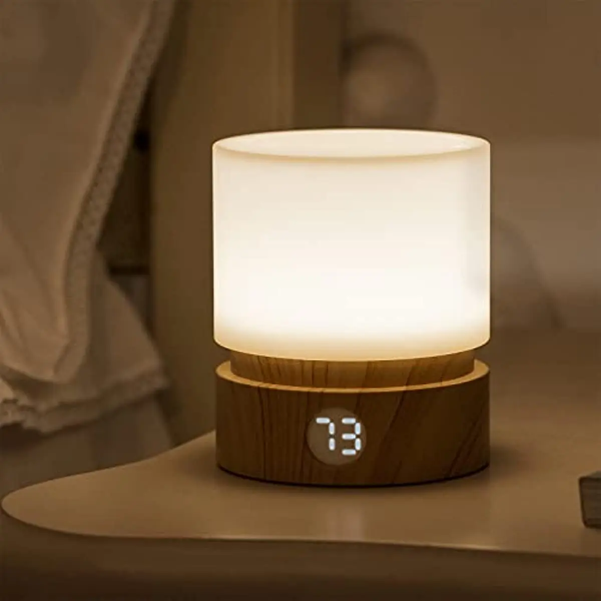 Timer Rotating Night Lamp, Dimmable LED Bedside Light, Baby Nursery, Wood Grain, Sleep Aid Light, Rechargeable