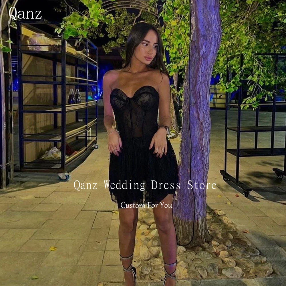 

Qanz Black Prom Dresses Short Cocktail Dress Strapless Lace See Through Mini A Line Elegant Evening Dresses for Women Luxury