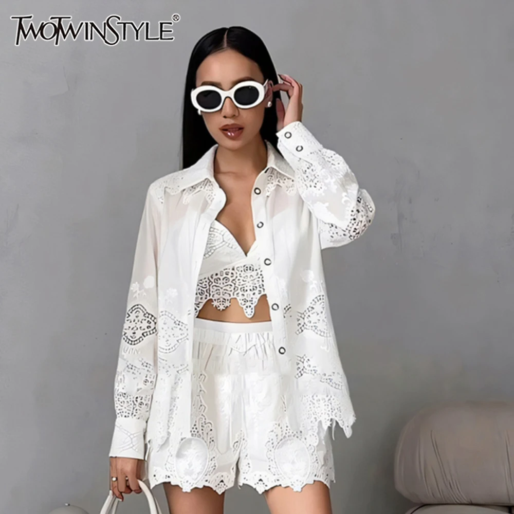 TWOTWINSTYLE Solid Three Piece Sets For Women Lapel Long Sleeve Shirts Hollow Out Top High Waist Shorts Minimalist Set Female