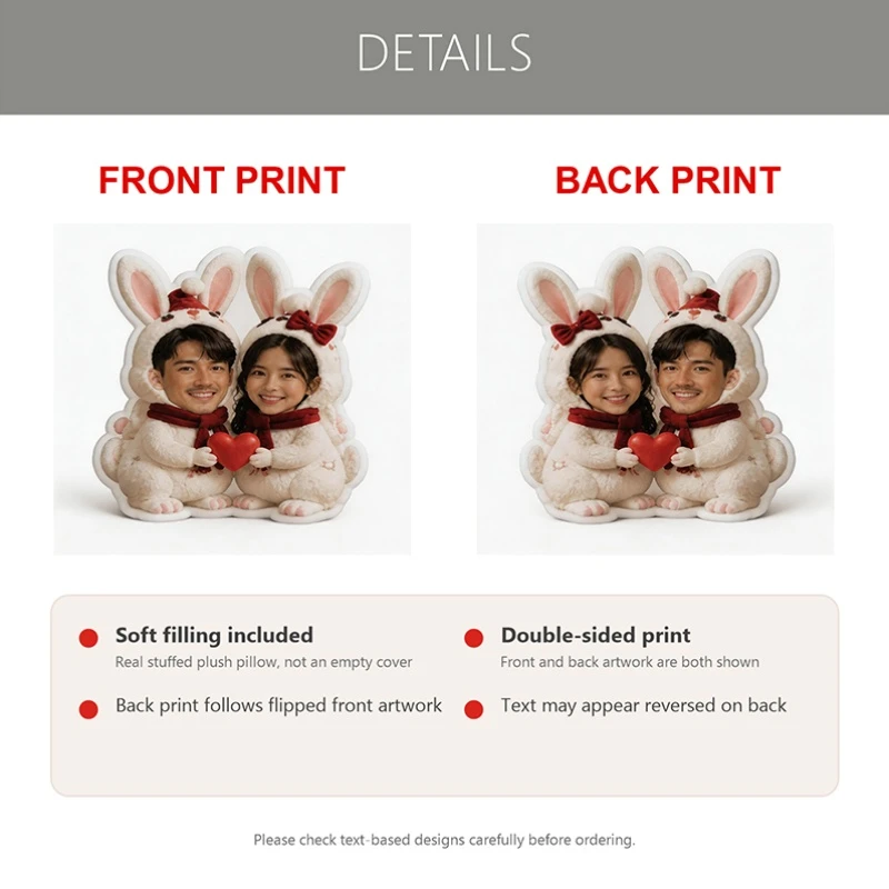 Custom Couple Photo Shaped Pillow, Personalized Face in Bunny Costume Holding Heart Decorative Cushion, Unique Home Decor Accent