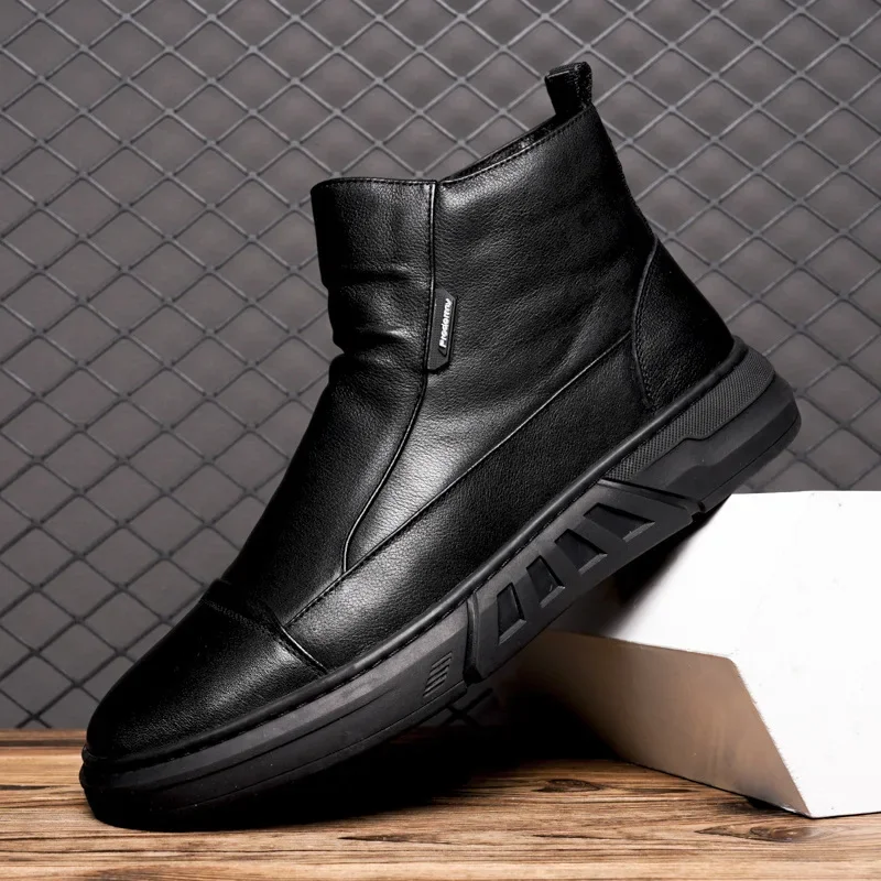 New Men Black Leather Boots Fashion High Top Leather Ankle Boots Motorcycle Lace-up Platform Casual Shoes