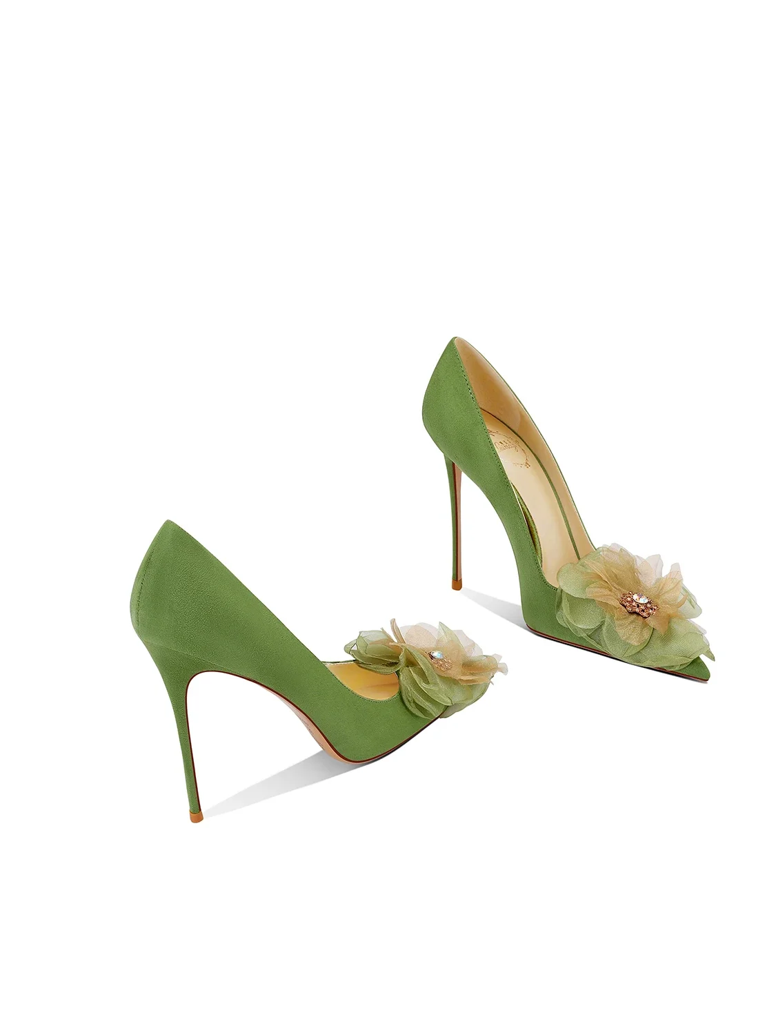 

2025 Autumn New Women's High Heels Green Flower Versatile Banquet Pointed Stiletto Trend Women's Shoes