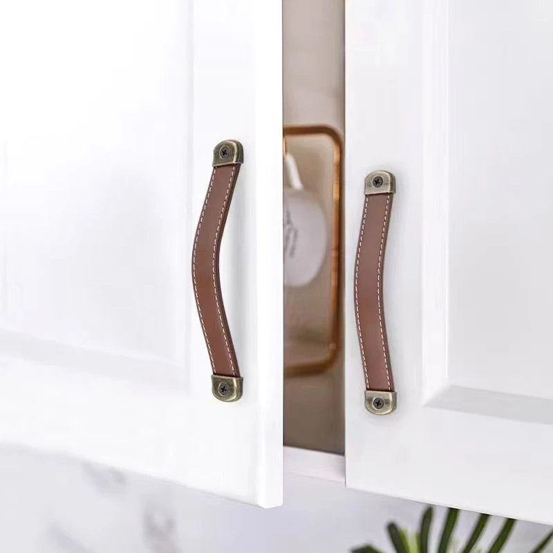 1pcs Leather Knob Handle Simple Cabinet Nordic Drawer Pulls Bathroom Hardware Furniture And Kitchen Handles Brown Retro Pull