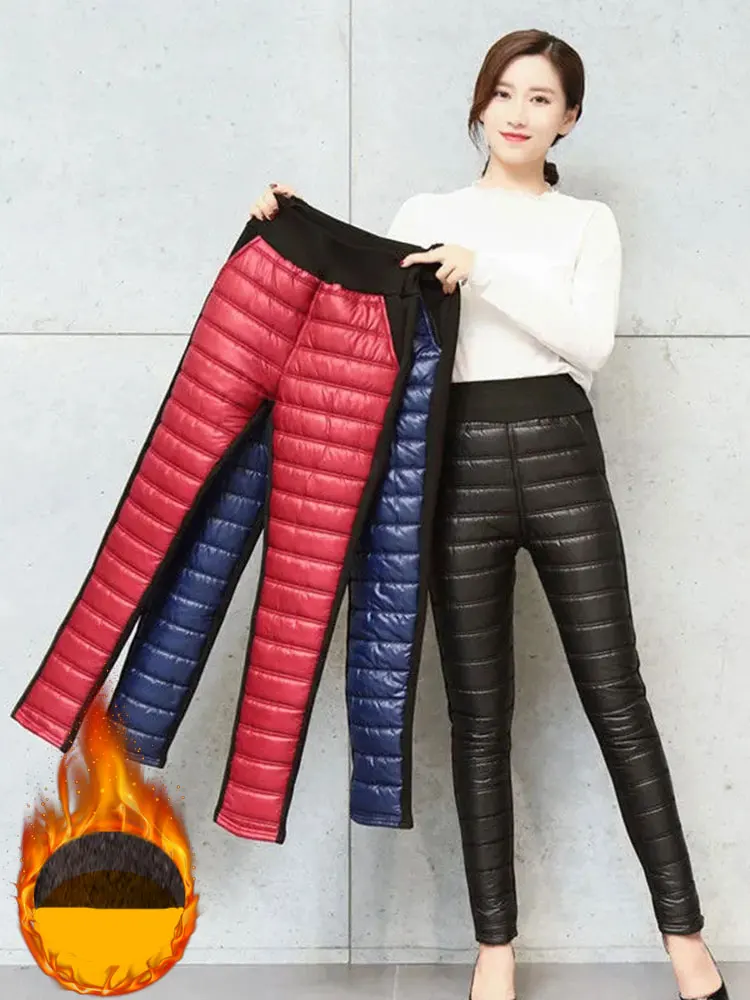 Calças lápis de algodão para baixo quente de pelúcia veludo forrado casual inverno engrossar fino pantalone feminino cintura alta tornozelo