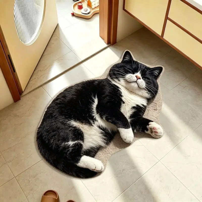 VIKAMA Tuxedo Cat Irregular Rug Black White Kitten Shaped Carpet For Bathroom Bedroom Entryway Cute Pet Lover Home Decoration