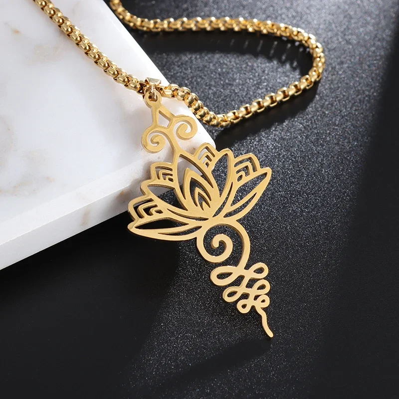 Stainless Steel Indian Religious Mandala Lotus Symbol Pendant Necklace for Men Women Yoga Lucky Om Rune Jewelry Gift