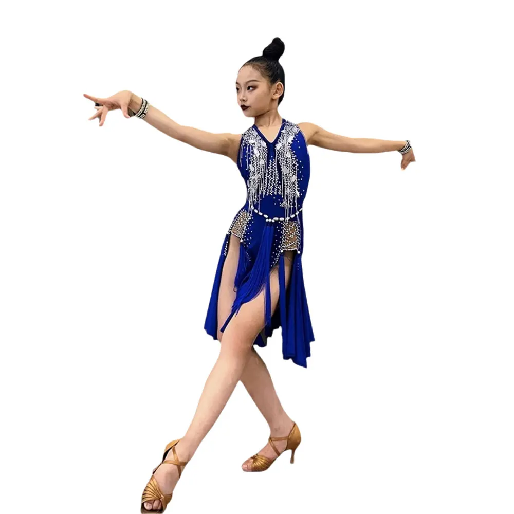 ラテンダンス衣装ラインストーンガール大人と子供ハイエンドカスタマイズされたネイビーブルースプリットスカートサンバパフォーマンスドレス