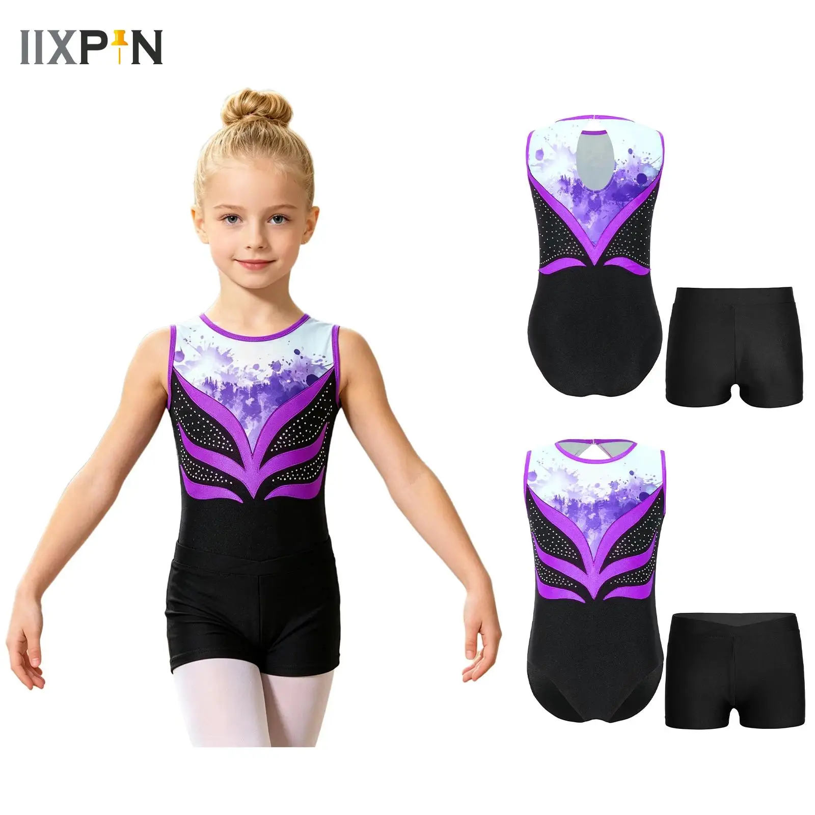 

Kids Girls Ballet Dance Sets Gymnastics Workout Dancewear Sports Outfit Sleeveless Rhinestones Leotard with Shorts Workout Wear