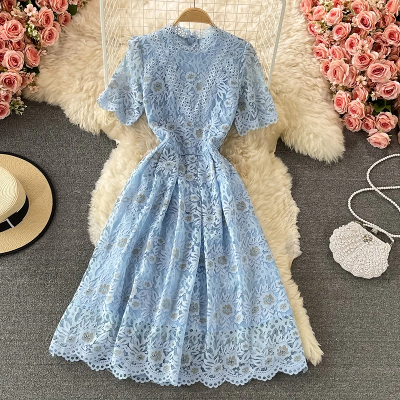 2022 New Arrive Women Lace Hollow Out Long Dress High Waist Stand Collar Short Sleeve Female Temperament Big Swing Dress