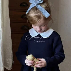 Girls Dress 2024 Autumn New Childrens Clothes Baby Girl Foreign Style Lapel Navy Blue Knitted Skirt Casual Simple Daily