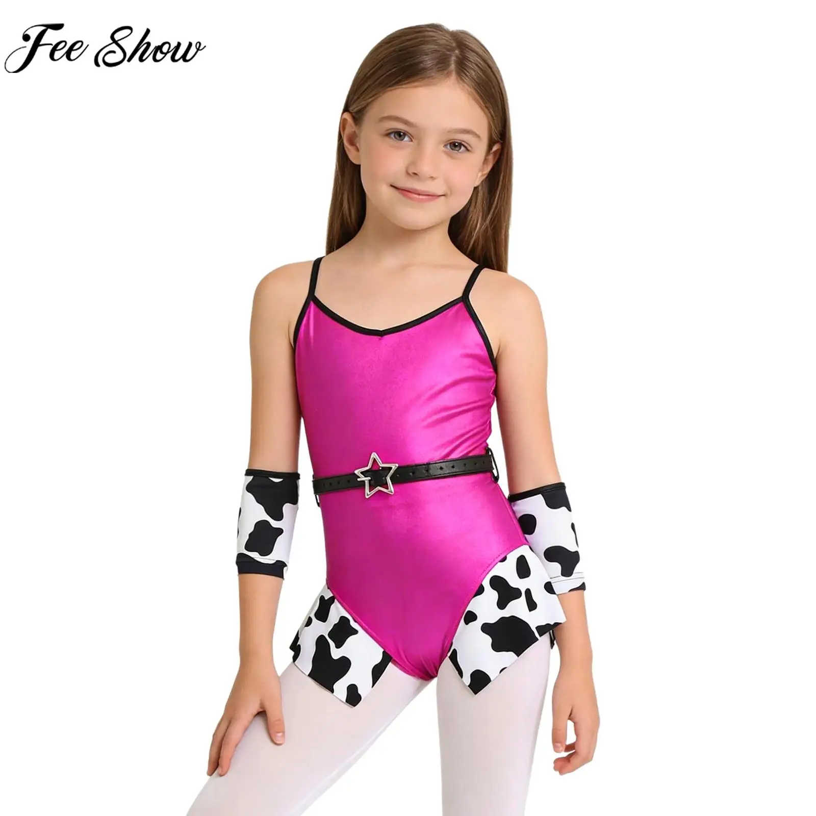 Body de Cosplay de vaquera occidental para niñas de 6 a 16 años, leotardo de baile de Jazz metálico brillante con mangas de brazo, cinturón, disfraz de Carnaval de Halloween