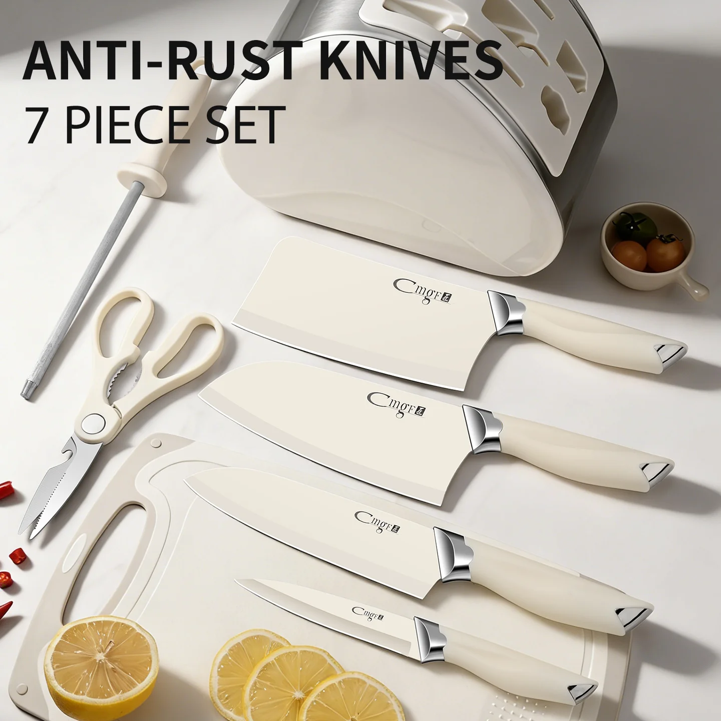 7-Piece Knife Set Kitchen Knife with Block Ceramic-Coated Blades with Stylish Anti-slip handle for Chef cooking knives
